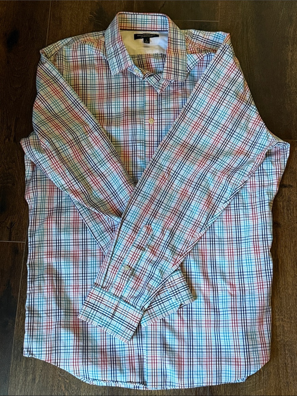 Banana Republic Plaid Dress Shirt - Teal, Navy Blue & Red